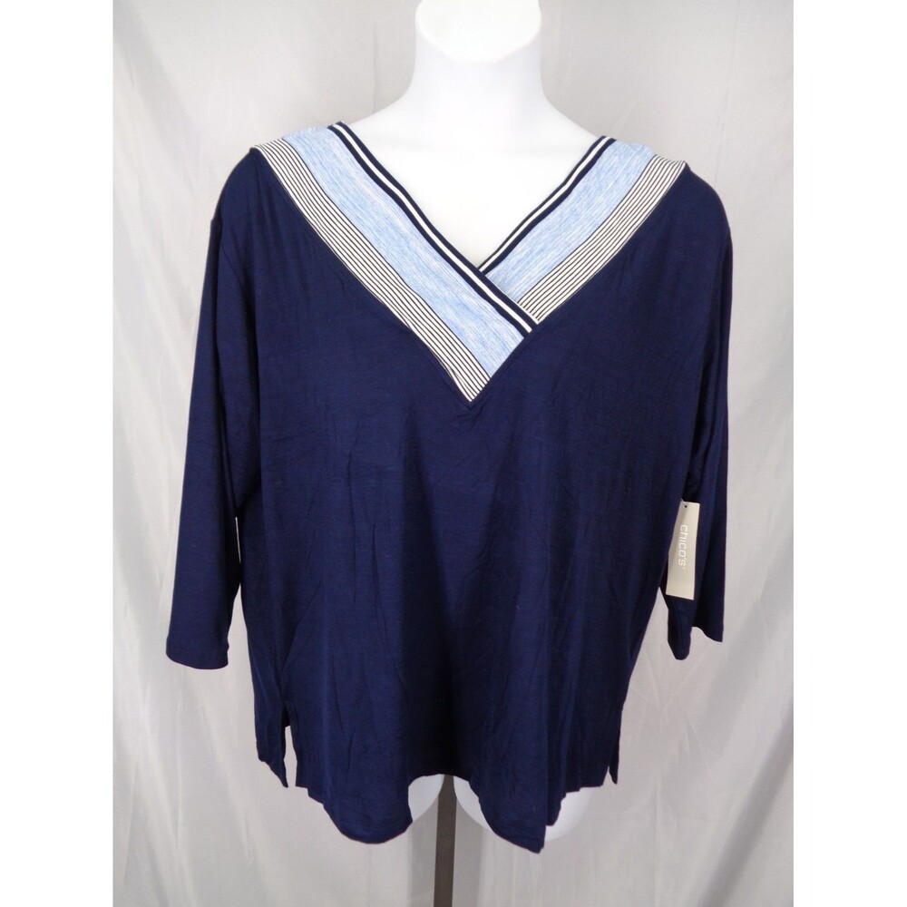 Chicos V-Neck Stripe Nautical Blue Top Plus Size 4 (20) XXL New